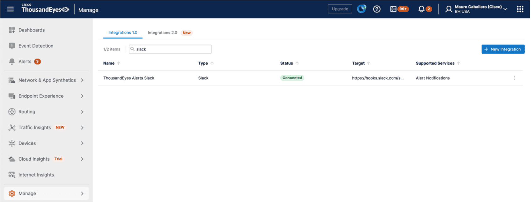 Our Alert Notification integration for Slack, as configured in ThousandEyes